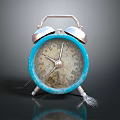 Vintage Blue Alarm Clock With Double Bells Roman Numeral Dial Worn Reflection On Black Surface