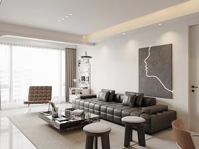 Modern Minimalist Open Living Dining Room Interior With Bright Large Window And Luxurious Leather Sofa 3d model