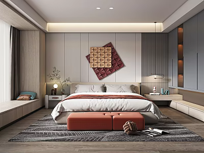 Modern Bedroom Interior Design With Decorative Wall Art Orange Ottoman And Window Seat 3d model