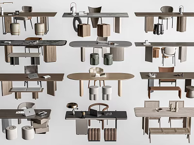 Modern Wooden Office Desk Designs With Chairs Lamps And Storage Solutions 3d model