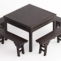 Square Dark Wood Dining Table Set with Matching Benches for Home Use 3d model