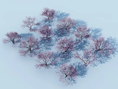 Trees With Pink Flowers Standing On Light Blue Background With Shadows 3d model