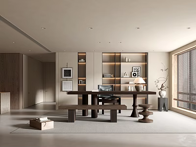 Minimalist Tea Room Interior With Wooden Furniture Bookshelves And Natural Light 3d model