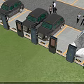 Clean Parking Lot Featuring Parking Meters Parked Black And White Cars And People Walking
