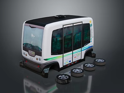 Modern Autonomous Bus With White Body Black Roof Transparent Windows And Green Blue Stripes 3d model