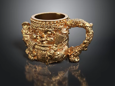 Ornate Golden Mug With Intricate Dragon Carvings And Decorative Handle 3d model