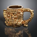 Ornate Golden Mug With Intricate Dragon Carvings And Decorative Handle