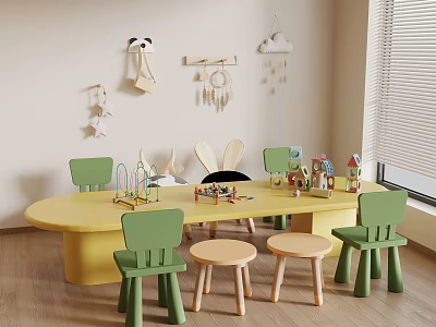 Kids Room Yellow Table Green Chairs With Small Wooden Stools Toys Decorations 3d model
