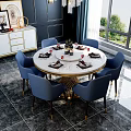 Luxurious Round Dining Table Set with Gold Woven Legs and Blue Upholstered Chairs