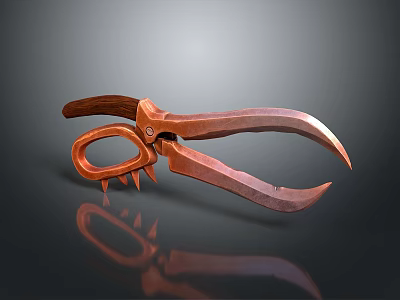 Copper Colored Pliers With Wooden Handle And Metal Spikes On Black Background With Reflection 3d model