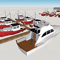 Multiple Red And White Yachts Displayed On Wooden Dock Layout