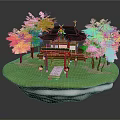 Traditional Japanese Building With Pink Cherry Blossom Trees Green Grass Stone Path and Red Lanterns
