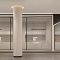Modern Office Corridor With Dark Wood Grain Walls Red Cabinet And Golden Statue
