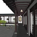 Traditional Chinese Building Exterior Wall With Wooden Frames Lattice Windows And Lanterns In Courtyard