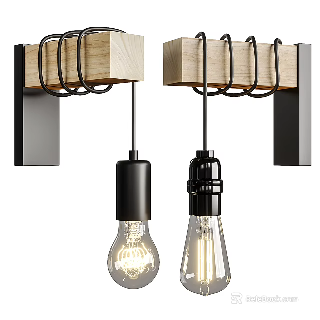 Modern Industrial Wall Lamps With Wooden Metal Design And Vintage Filament Bulbs 3d model 