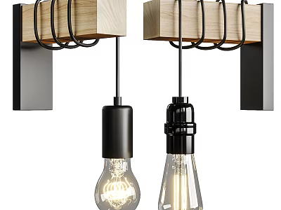 Modern Industrial Wall Lamps With Wooden Metal Design And Vintage Filament Bulbs 3d model