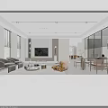Modern Minimalist Open Concept Dining And Living Space With Integrated Kitchen And Stylish Pendant Light