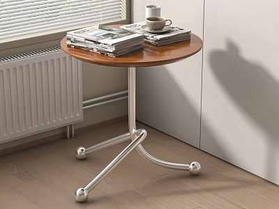 Round Wooden Top Side Table With Metal Wheels And Books Coffee Cup 3d model