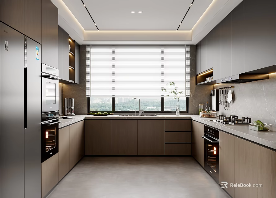 Modern Kitchen Interior With Gray Cabinets Silver Refrigerator Oven Sink Countertop And Window Blinds 3d model 