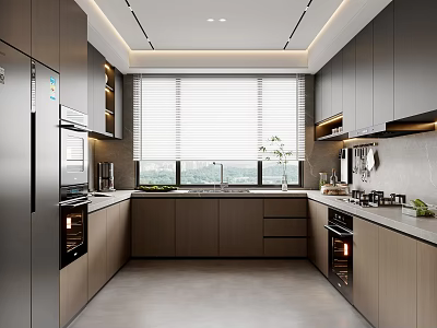 Modern Kitchen Interior With Gray Cabinets Silver Refrigerator Oven Sink Countertop And Window Blinds 3d model