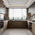 Modern Kitchen Interior With Gray Cabinets Silver Refrigerator Oven Sink Countertop And Window Blinds