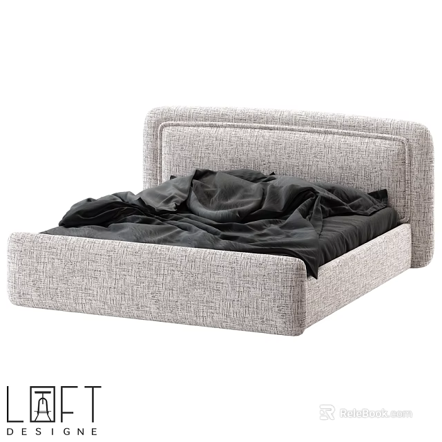 Modern Double Bed with Light Gray Fabric Headboard and Black Bed Sheets 3d model 