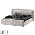 Modern Double Bed with Light Gray Fabric Headboard and Black Bed Sheets