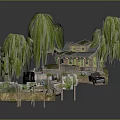 Miniature Cabin Scene With Willow Trees Small Pond Car And Wooden Path