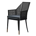 Modern Single Chair With Rattan Armrests Leather Seat And Black Metal Legs With Gold Accents