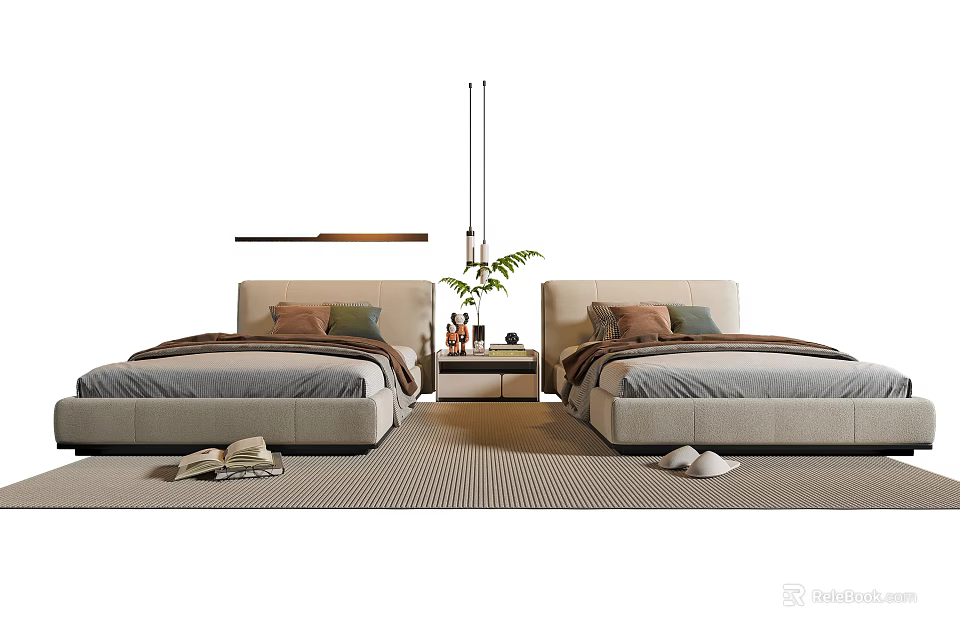 Modern Single Bed Interior With Two Beds Nightstand Plant Lighting Pillows And Soft Carpet 3d model 