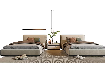 Modern Single Bed Interior With Two Beds Nightstand Plant Lighting Pillows And Soft Carpet 3d model