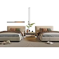 Modern Single Bed Interior With Two Beds Nightstand Plant Lighting Pillows And Soft Carpet
