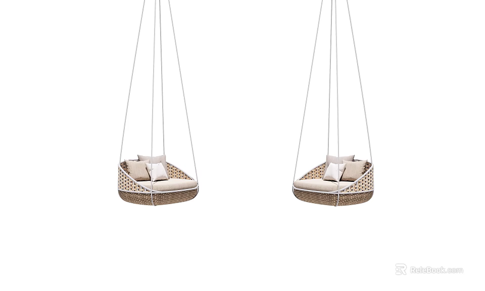 Stylish Rattan Hanging Chairs with Light Colored Cushions for Indoor Outdoor Spaces 3d model 
