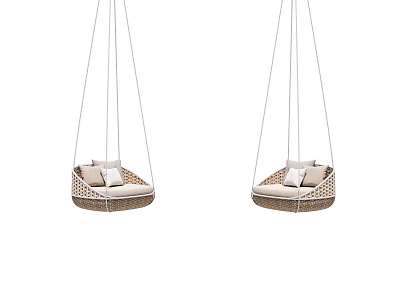 Stylish Rattan Hanging Chairs with Light Colored Cushions for Indoor Outdoor Spaces 3d model
