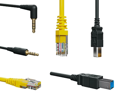 Different Phone Digital Cables Including Angled 3.5mm Ethernet USB Data Plugs 3d model
