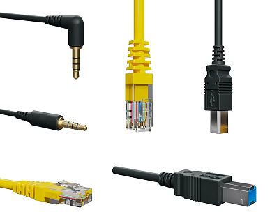 Different Phone Digital Cables Including Angled 3.5mm Ethernet USB Data Plugs 3d model