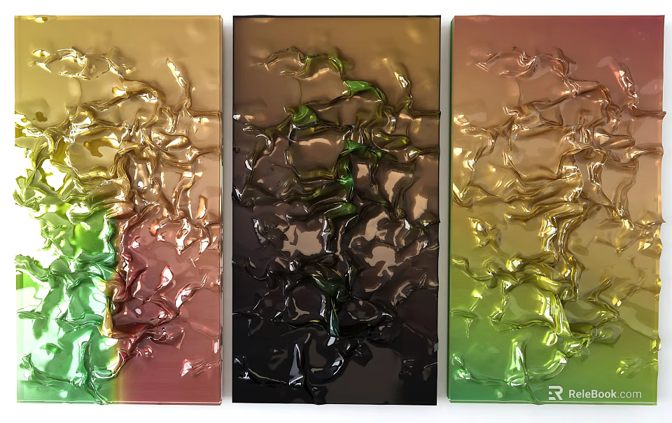 Colorful Textured Glass Art Panels With Green Black And Gold Abstract Design 3d model 