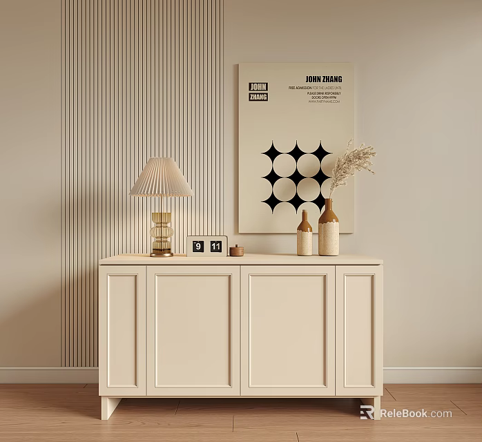 Modern White Console Cabinet with Table Lamp Vases and Decorative Art on Striped Wall 3d model 