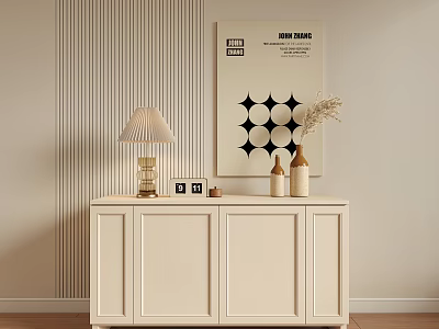 Modern White Console Cabinet with Table Lamp Vases and Decorative Art on Striped Wall 3d model