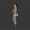 Ninja Style Character With Black Long Hair Green Vest Arm Bandages And Long Staff