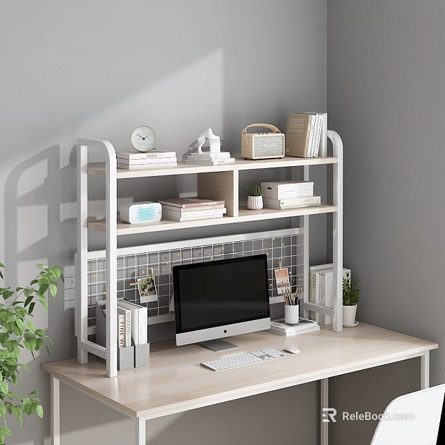 Home Office Storage Shelf With Computer Monitor Books Potted Plant And Clock On Desk 3d model 
