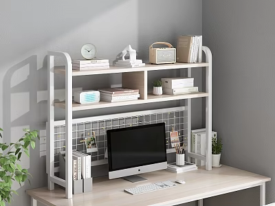 Home Office Storage Shelf With Computer Monitor Books Potted Plant And Clock On Desk 3d model