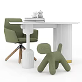 Modern White Desk with Green Chair Dog Shaped Plush Toy Books and Gold Accents