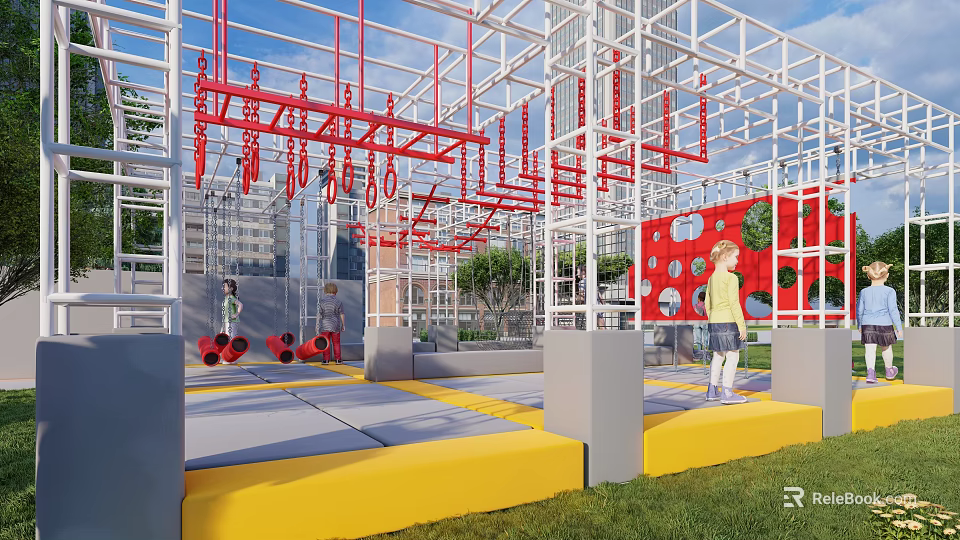 Outdoor Children's Playground With Red Climbing Frames Yellow Platforms And Green Lawn 3d model 