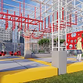 Outdoor Children's Playground With Red Climbing Frames Yellow Platforms And Green Lawn