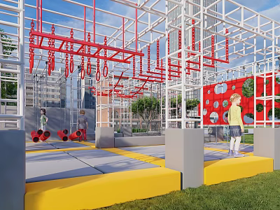Outdoor Children's Playground With Red Climbing Frames Yellow Platforms And Green Lawn 3d model