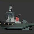 Green Tugboat With Cabin Deck Yellow Fenders And Marine Equipment For Water Transport