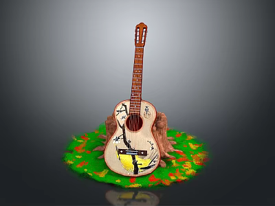 Hand Painted Decorative Guitar as Household Item on Tree Stump with Green Grass and Flowers 3d model