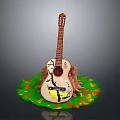 Hand Painted Decorative Guitar as Household Item on Tree Stump with Green Grass and Flowers