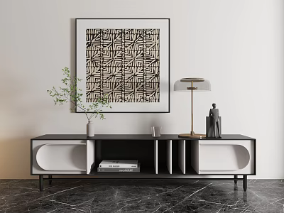 Modern Black And White TV Stand With Abstract Wall Art Table Lamp And Green Plant 3d model